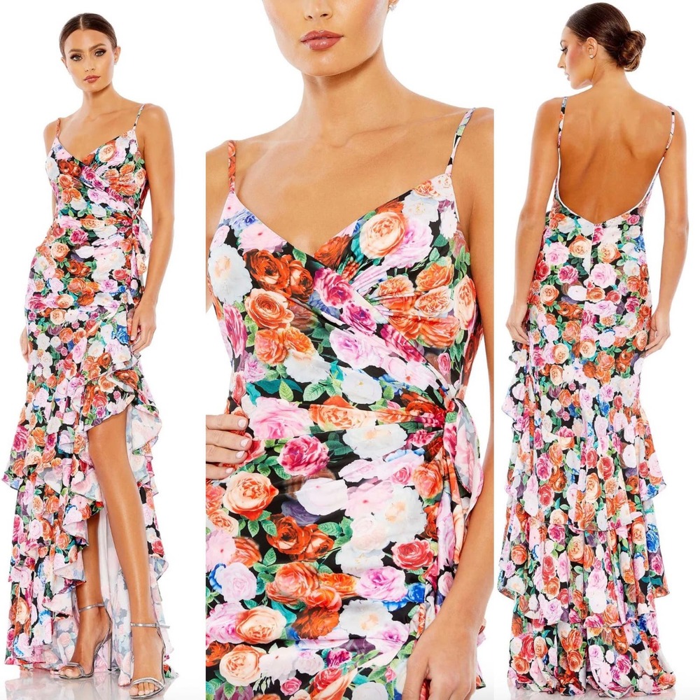 Mac Duggal Floral Print Asymmetrical Ruffle Hem Gown In Multi 68075 Size 12 New
